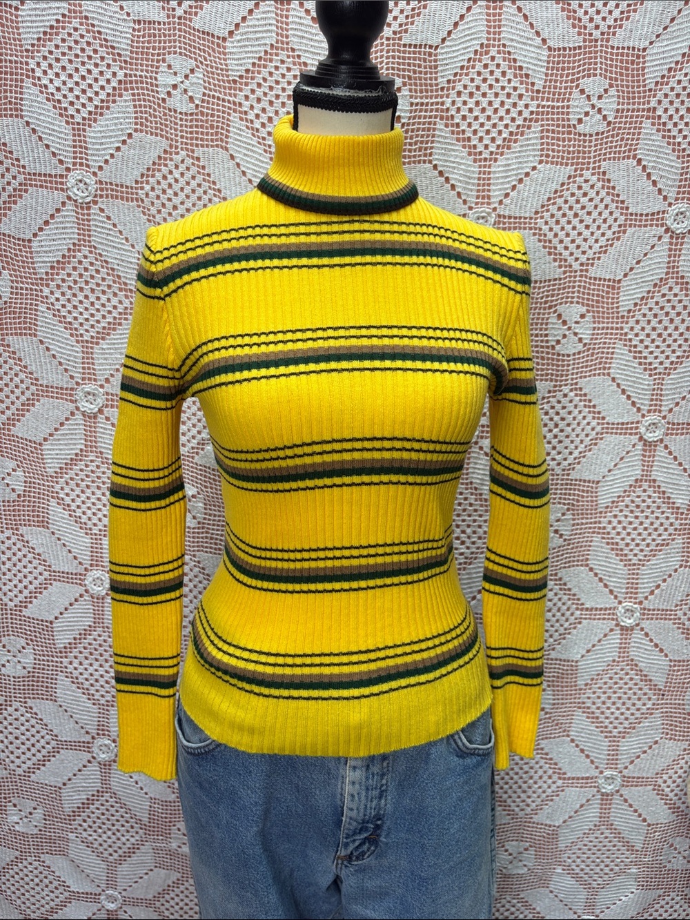 Vintage Sweater Bee Banff Yellow Striped Turtleneck Sz S/M